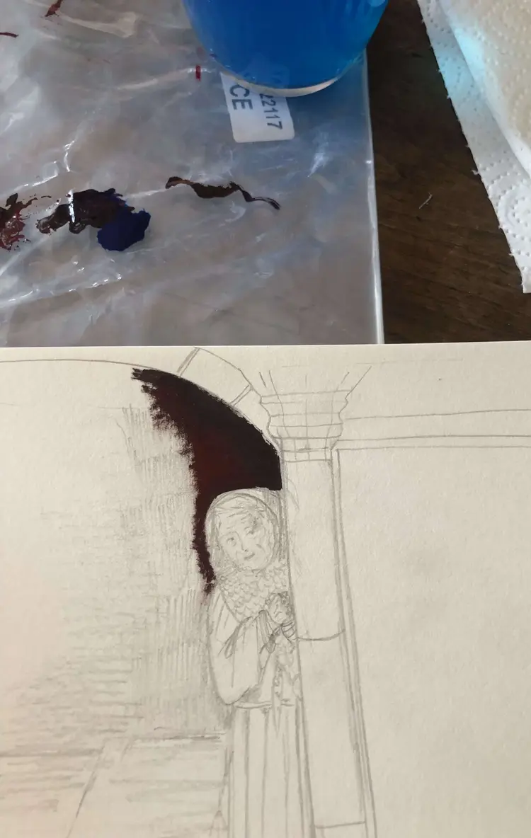 Charlotte Horn koloriert die Zeichnung.