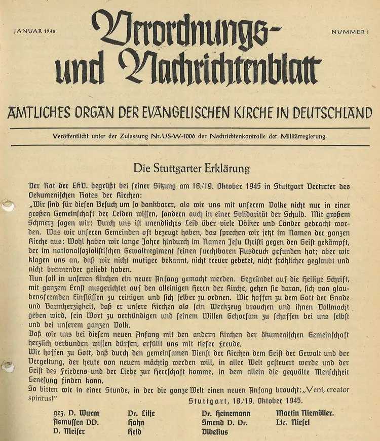 Stuttgarter Schuldbekenntnis Verordnungs- und Nachrichtenblatt der EKD Das Stuttgarter Schuldbekenntnis im Verordnungs- und Nachrichtenblatt der EKD 1945.