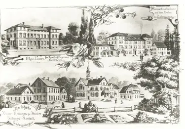 Wie die Olgaschwestern auf die Darstellung der frühen Karlshöhe (oben rechts) kamen, sollte wohl als Referenz an Königin Olga, respektive das Herrscherpaar, gedeutet werden. Königin Olga stiftete den Schwestern 1877 ein Haus in Heilbronn (das „Olgahaus“). 1894 zogen die Krankenschwestern, die mittlerweile unter „Olgaschwestern“ firmierten, nach Stuttgart und bekamen ihre eigene Ausbildungsstätte: das Karl-Olga-Krankenhaus.