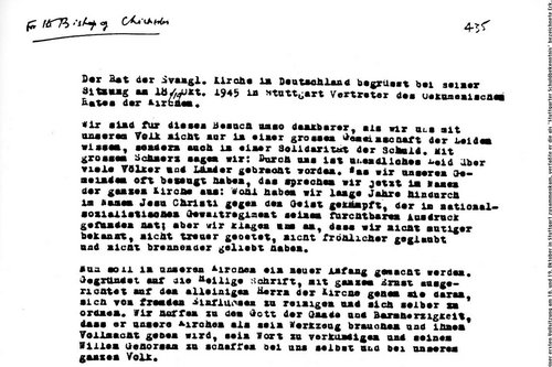 Der Originaltext des Stuttgarter Schuldbekenntnisses.