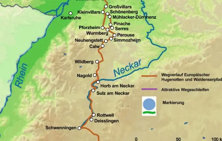 Einige Ortsgründungen in Württemberg gehen auf die Waldenser zurück. Hier ein Ausschnitt des Hugenotten- und Waldenserpfades.