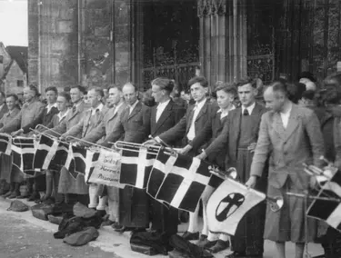 Fanfarenbläser auf der Schlussfeier des Landesposaunentags 1946 in Ulm