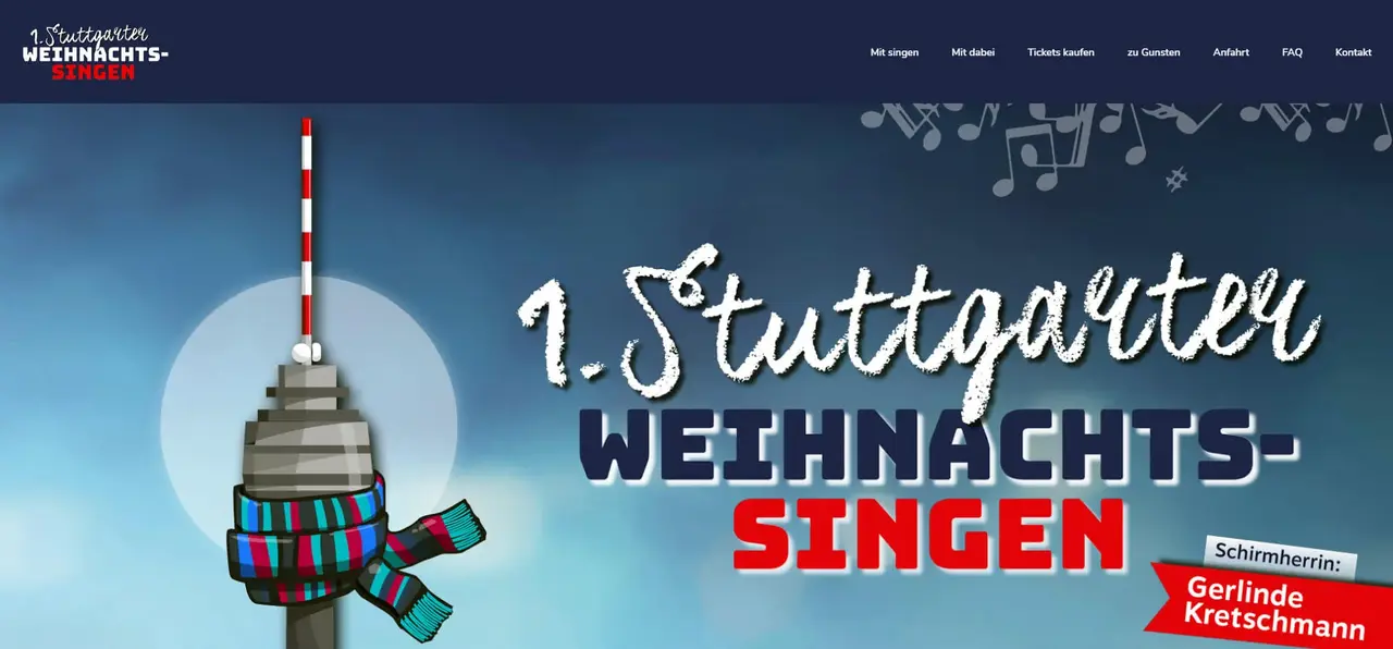Der Stuttgarter Fernsehturm mit Schal - mit diesem Motiv werben die Organisatoren auf der Homepage des 1. Stuttgarter Weihnachtssingens für die Veranstaltung am Nachmittag des vierten Advents.