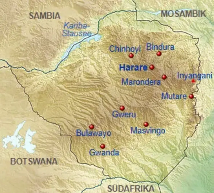 Simbabwe liegt im südwestlichen Afrika - Nachbarstaaten sind Sambia, Mosambik, Südafrika und Botswana.
