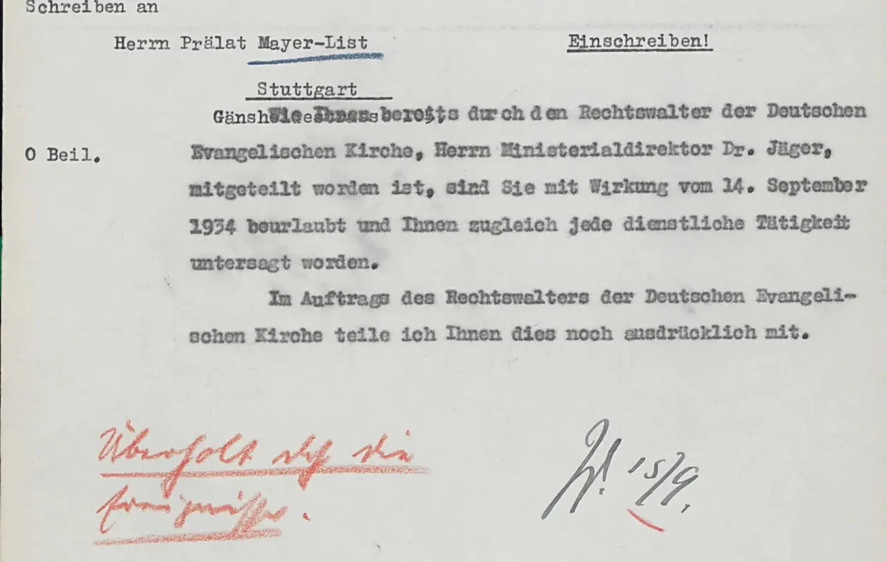 Mit diesem Schreiben wurde Max Mayer-List 1934 von den Nazis beurlaubt, um eine deutschchristliche Kirchenleitung durchzusetzen.