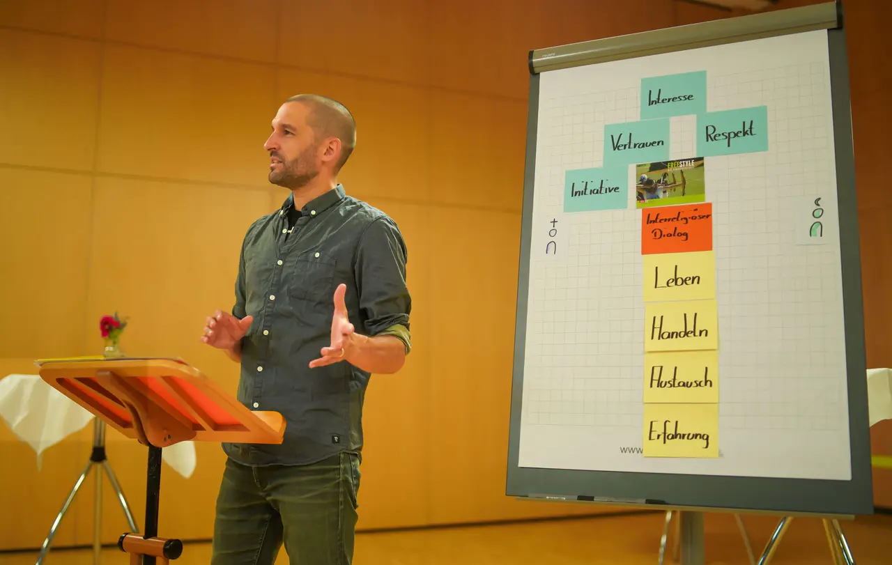 Bei einer Abschlussveranstaltung zum Projekt „Fachstelle Interreligiöser Dialog“ auf dem Bernhäuser Forst sprachen die Teilnehmenden über das Ergebnis der Fachstelle. Hier präsentiert Yasin Adigüzel vom Evangelischen Jugendwerk (EJW) die Ergebnisse.