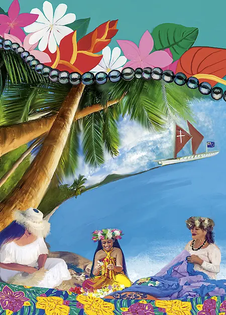 Das Titelbild des Weltgebetstags wurde von den Künstlerinnen Tarani Napa und ihrer Tochter Tevairangi Napa gestaltet. Die beiden Frauen aus dem Pazifikstaat lassen in ihrem Werk die Schönheit ihrer Heimat lebendig werden.