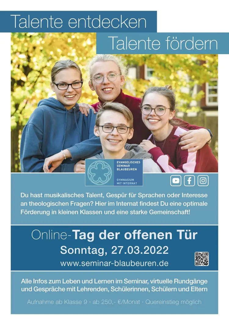 Flyer zum Tag der offenen Tür am Evangelischen Seminar Blaubeuren Am 27. März 2022 bietet das Evangelische Seminar Blaubeuren online einen „Tag der offenen Tür“ an.
