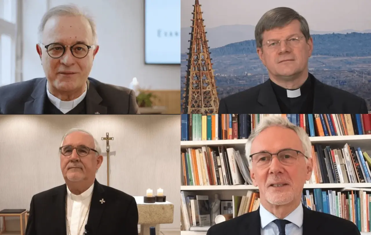 In der gemeinsamen Videobotschaft verwiesen die vier Bischöfe auf die inhaltliche und zeitliche Nähe von Chanukka und Advent. Von links oben nach rechts unten: Dr. h. c. Frank Otfried July (Stuttgart), Stephan Burger (Freiburg), Dr. Gebhard Fürst (Rottenburg-Stuttgart) und Prof. Dr. Jochen Cornelius-Bundschuh (Karlsruhe).