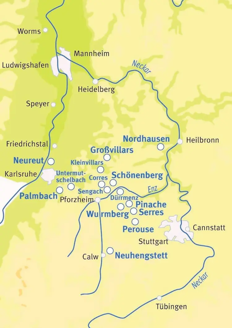 Karte der von 1699 bis 1701 gegründeten Waldenserkolonien in Württemberg.