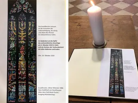 Eine brennende Kerze und ein Gedenkbuch erinnern im Ulmer Münster an die Opfer des Anschlags von Halle; Besucher des Gotteshauses können mit Kondolenzunterschriften ihre Verbundenheit mit den Opfern sowie den jüdischen Gemeinden ausdrücken.
