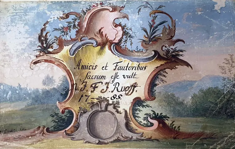 Das kunstvoll gestaltete Stammbuch-Deckblatt des Theologiestudenten Ruoff aus dem Jahr 1785.