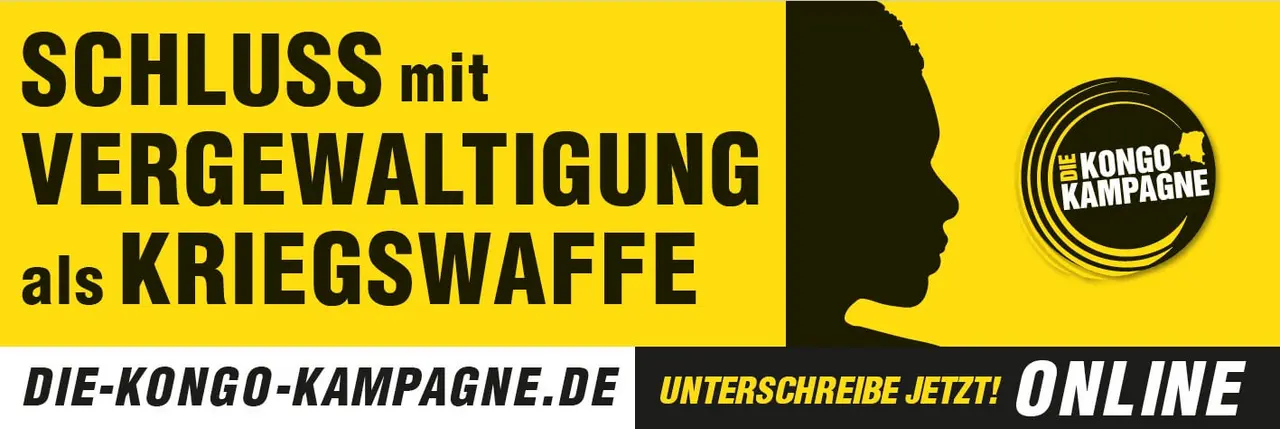 Die Kongo-Kampagne macht den Einsatz von Vergewaltigungen als Kriegswaffe in der Demokratischen Republik Kongo mit Bannern sichtbar.
