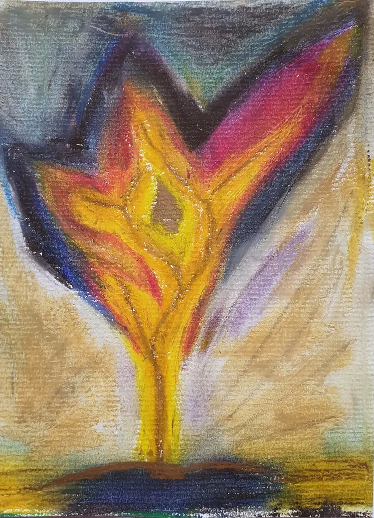 „Brennender Dornbusch“: So nennt Hans Leitlein diese Wachsmalerei. Viele seiner Werke sind religiösen Motiven gewidmet.