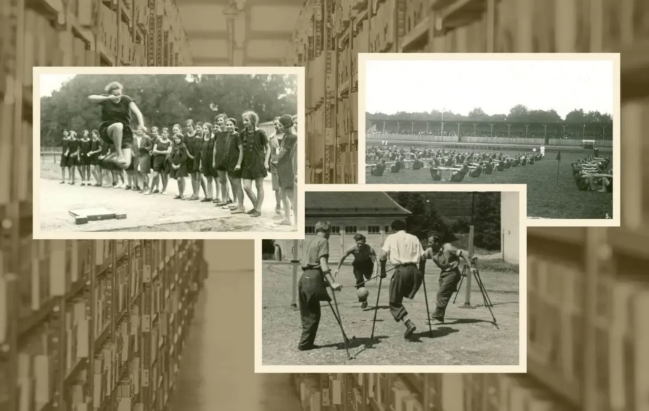 Bilder aus dem Archivbestand. Oben: Jugendturntag des Evangelischen Töchterinstituts in Stuttgart 1928. Unten: Versehrtenheim Isny im Allgäu aus den Jahren 1948/49