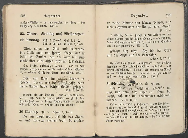 Das Losungsbuch hat dem Krankenträger
August Bühler, der im 1. Weltkrieg im
Fronteinsatz in Frankreich diente, wohl das Leben gerettet. Ein Granatsplitter wurde von dem Buch aufgehalten.