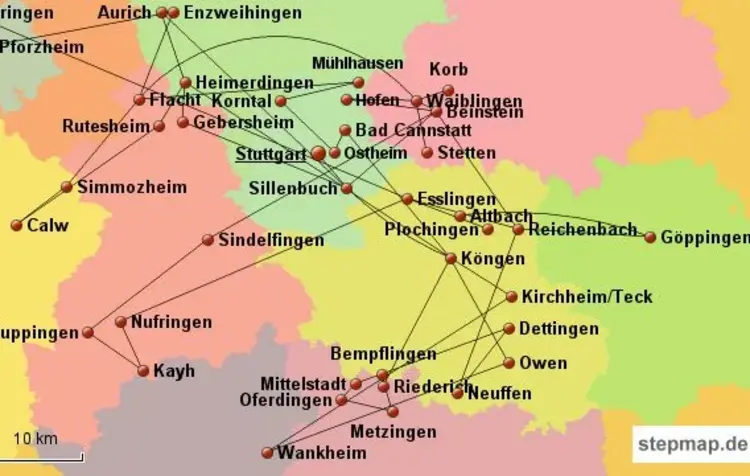 Die württembergische Pfarrhauskette sicherte auch Max und Karoline Krakauer das Überleben. Hier Aufentshaltorte ihrer Flucht.