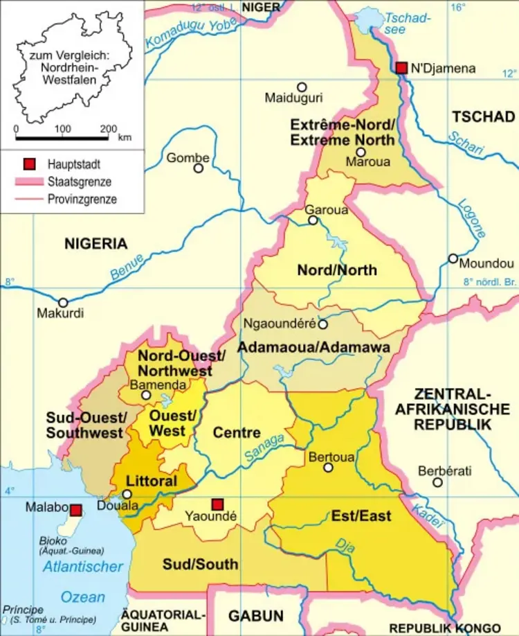 Die Regionen von Kamerun: Vom Bürgerkrieg betroffen sind Southwest (Sud-Ouest) und Northwest (Nord-Ouest).